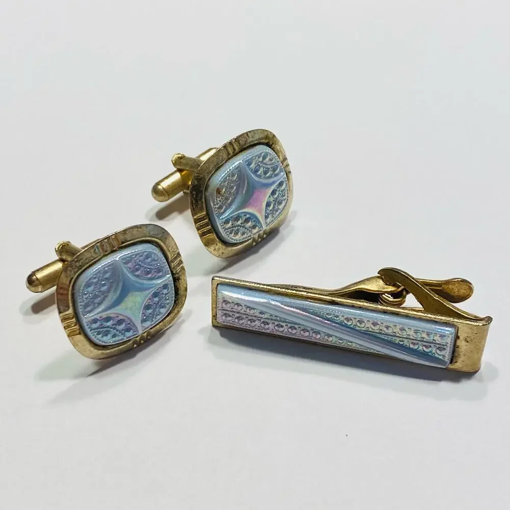 Vintage Mid Century Jewelry Set for Man Tie Bar Cufflinks Goldtone & Texture MOP